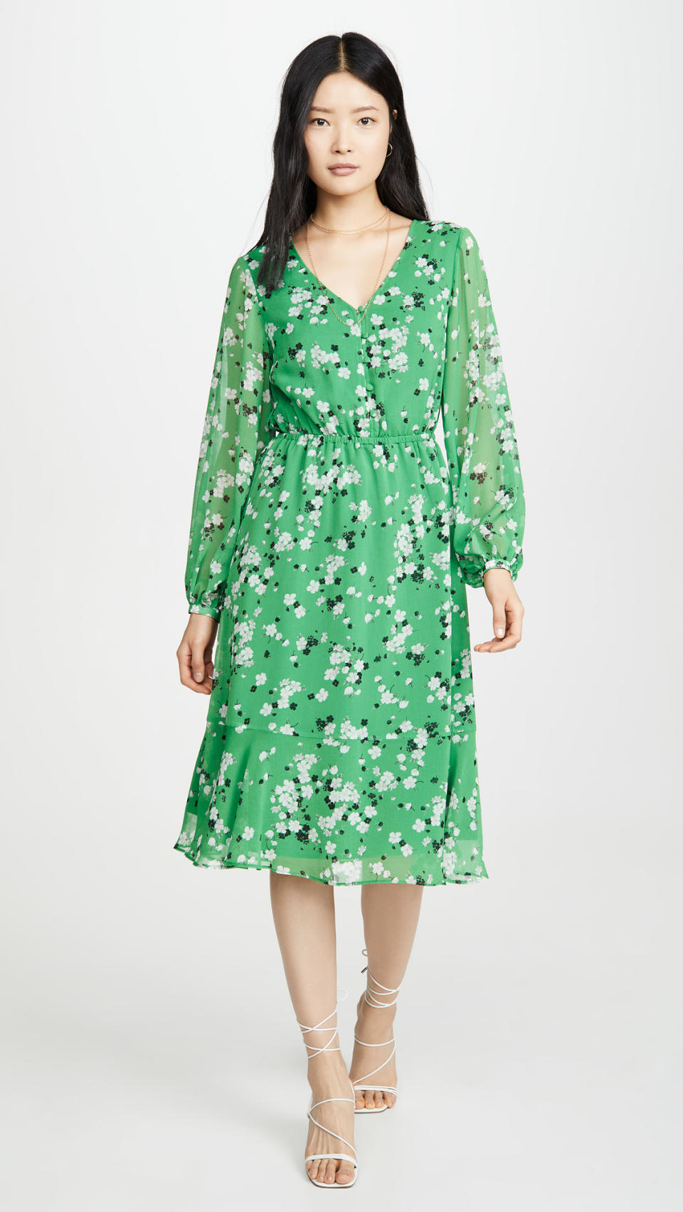 A delicate and timeless floral dress made from non-stretch chiffon.  (Image via Shopbop). .