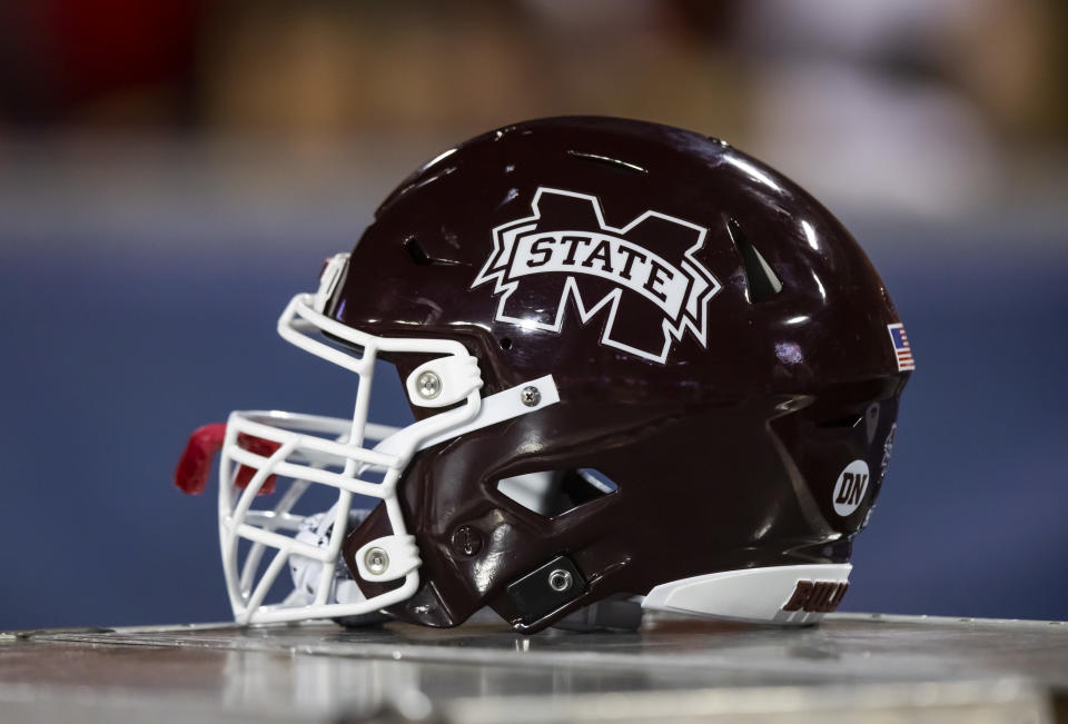 Sep 10, 2022; Tucson, Arizona; Detailed view of a Mississippi State Bulldogs helmet at Arizona Stadium. Mark J. Rebilas-USA TODAY Sports