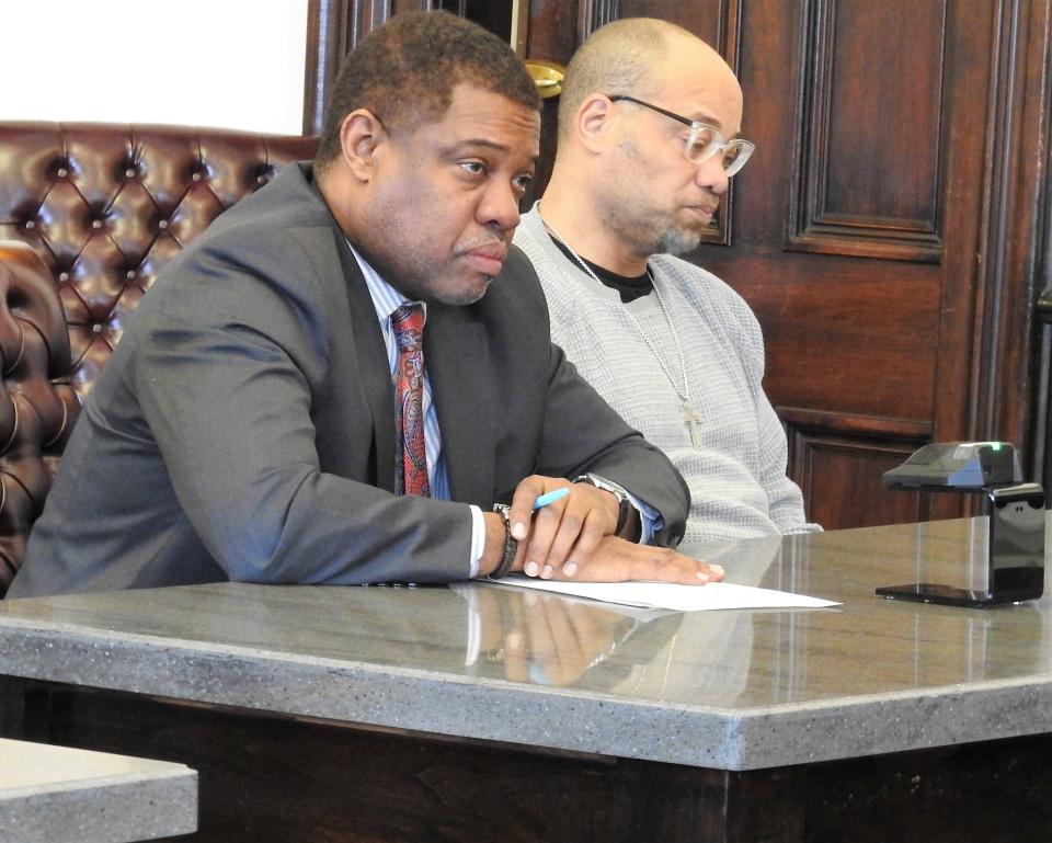 Attorney W. Scott Ramsey with client Desmond Johns Tuesday in Coshocton County Common Pleas Court. Johns avoided a jury trial by taking a plea deal related to soliciting nudity oriented materials from a 16-year-old female.