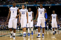 (L-R) Darius Miller #1, Anthony Davis #23, Michael Kidd-Gilchrist #14, Terrence Jones #3 and Marquis Teague #25 of the Kentucky Wildcats walk on the court in the second half against the Kansas Jayhawks in the National Championship Game of the 2012 NCAA Division I Men's Basketball Tournament at the Mercedes-Benz Superdome on April 2, 2012 in New Orleans, Louisiana. (Photo by Ronald Martinez/Getty Images)