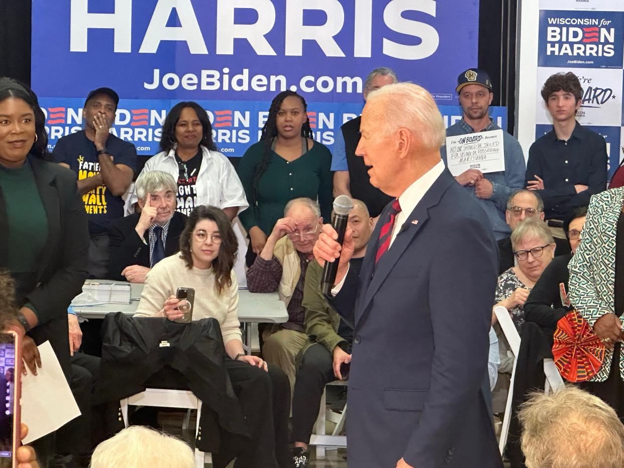 President Joe Biden speaks to supporters at his Wisconsin campaign headquarters in downtown Milwaukee on Wednesday.