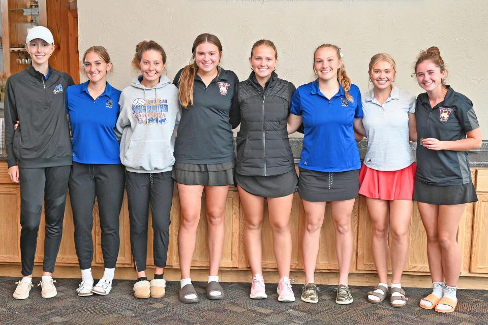 Coldwater's Hailey Price, second from right, finished in a three way tie for first place at Wednesday's Interstate 8 Golf Conference Championship