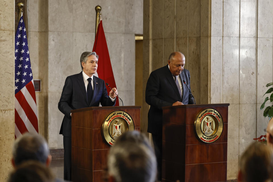 U.S. Secretary of State Antony Blinken, left, and Egyptian Foreign Minister Sameh Shoukry hold a press conference in Cairo, Egypt, Monday Jan. 30, 2023. (Khaled Desouki/Pool via AP)