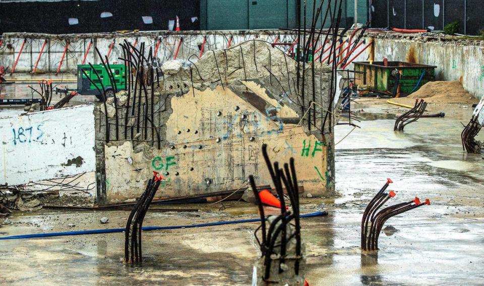 View of the ramp that led to the garage — holes are from core samples for testing for concrete strength and composition — photographed on June 3, 2022, at the site where the Champlain Towers South beachfront condominium collapsed.