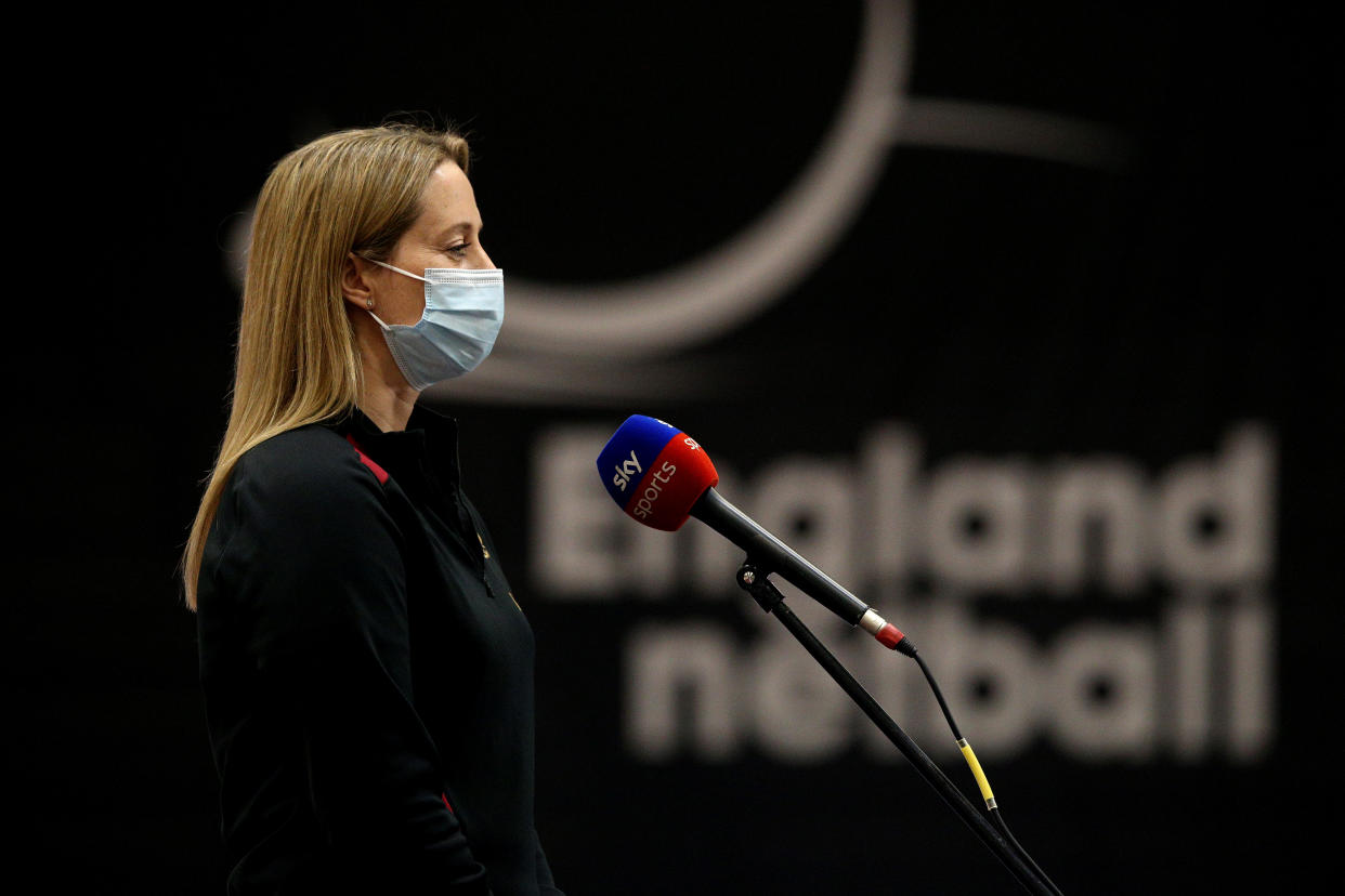 LOUGHBOROUGH, ENGLAND - JANUARY 20: Jess Thirlby, of Vitality Roses is interviewed during the Vitality Netball Legends Series match between Vitality Roses and All Stars at Sir David Wallace Sports Hall on January 20, 2021 in Loughborough, England. (Photo by Alex Pantling/Getty Images for England Netball)