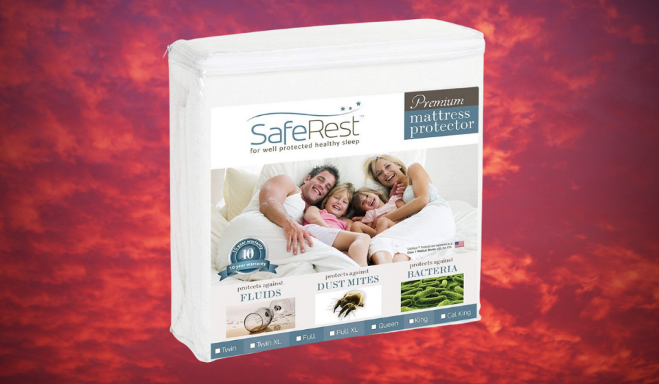 The SafeRest King Mattress Protector is shown in its plastic zippered packaging with a photo of a happy family laying in bed on the front.