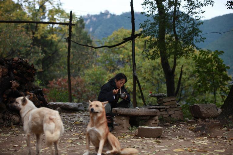 Gao Ming, a hermit in the Zhongnan mountains, eats noodles outside her cottage in north China's Shaanxi province, October 31, 2014