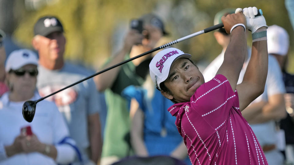 Hideki Matsuyama, of Japan, tees off on the 12th hole during the second round of The Players Championship golf tournament Friday, March 15, 2024, in Ponte Vedra Beach, Fla. (AP Photo/Lynne Sladky)