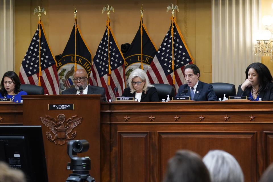 Rep. Jamie Raskin, D-Md., second from right, speaks as the House select committee investigating the Jan. 6 attack on the U.S. Capitol holds a hearing at the Capitol in Washington, Tuesday, July 12, 2022. From left, Rep. Stephanie Murphy, D-Fla., Chairman Bennie Thompson, D-Miss., Vice Chair Liz Cheney, R-Wyo., Raskin and staff counsel Candyce Phoenix. (AP Photo/J. Scott Applewhite)