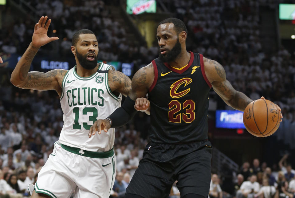 LeBron James’ kids asked him after his near-triple-double in Game 6 of the Eastern Conference Finals on Friday night how he keeps “hitting crazy shots.” (AP Photo/Ron Schwane)