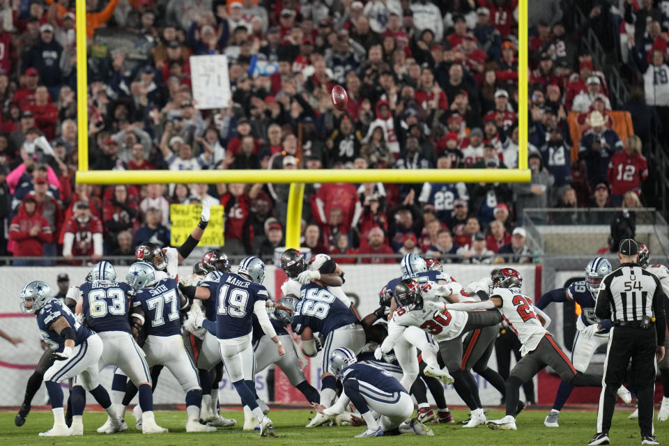 Dallas Cowboys place kicker Brett Maher (19) misses a fourth extra point against the Tampa Bay Buccaneers during the second half of an NFL wild-card football game, Monday, Jan. 16, 2023, in Tampa, Fla. Maher missed the kick. (AP Photo/John Raoux)