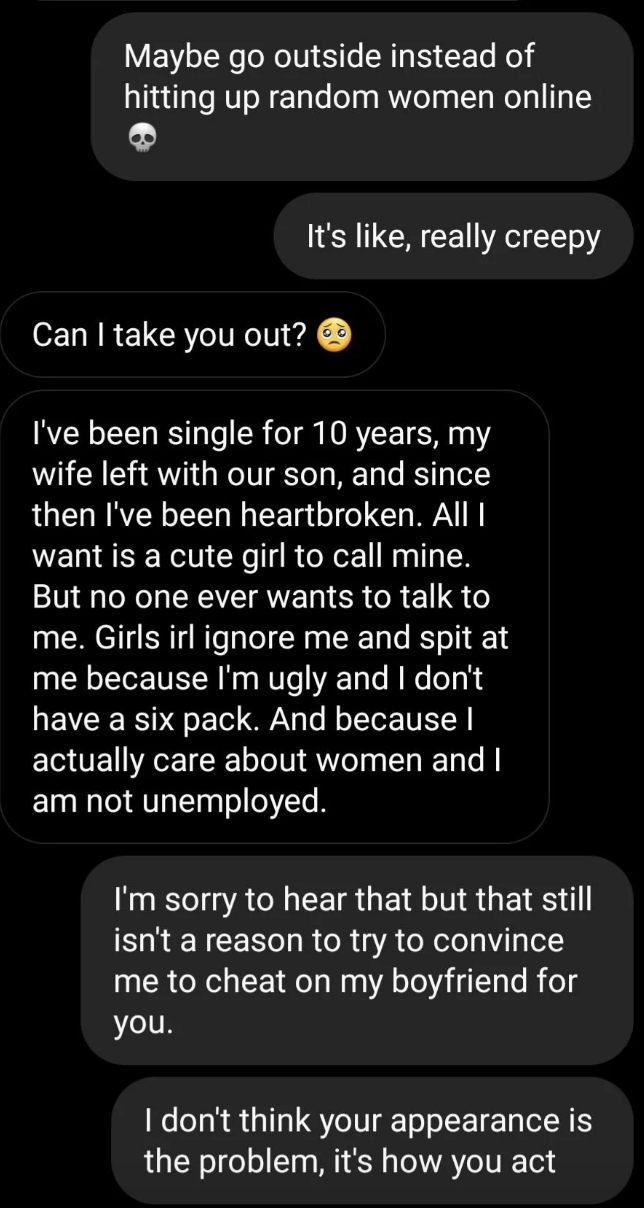 Man "begging" for woman to cheat on her boyfriend