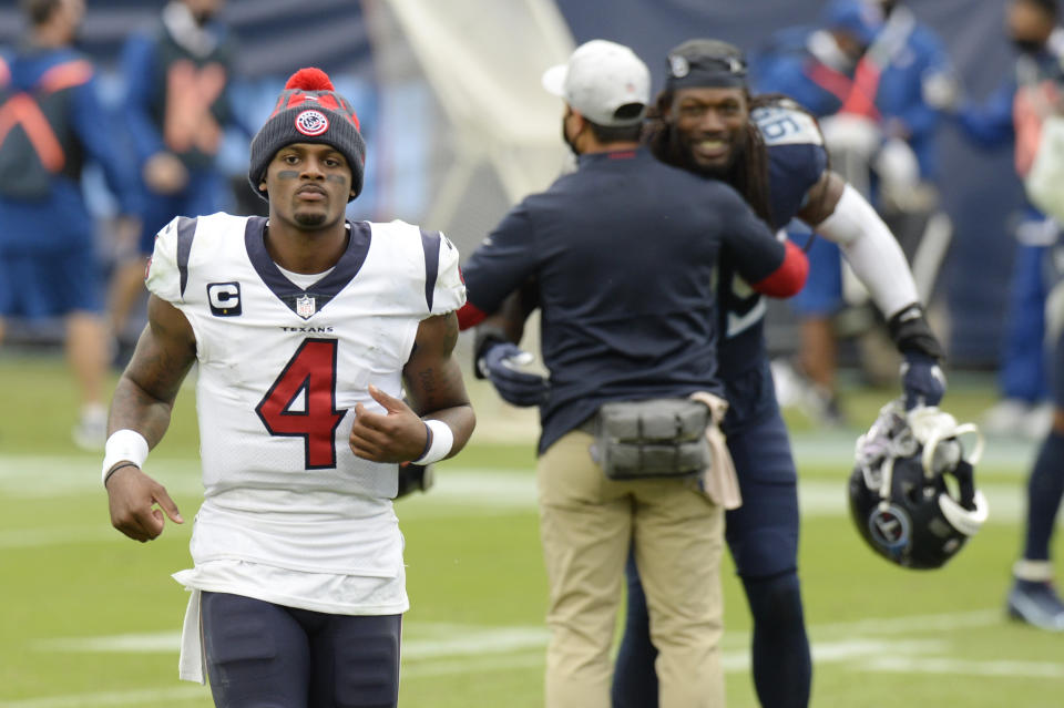 Houston Texans quarterback Deshaun Watson (4) leaves the field after losing to the Tennessee Titans in overtime of an NFL football game Sunday, Oct. 18, 2020, in Nashville, Tenn. The Titans won 42-36. (AP Photo/Mark Zaleski)