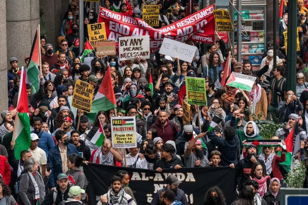 In New York City, throngs of people march in support of the Palestinians on Oct. 8, a day after Hamas launched a brutal attack on Israel from the Gaza Strip.