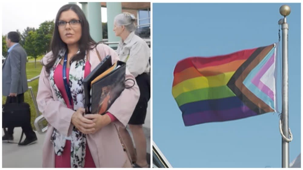 Niagara Catholic District School Board trustee Natalia Benoit faced criticism after a video surfaced in May 2023 appearing to show her compare the Pride flag to the Nazi flag.  (Peter Taras/YouTube and CBC - image credit)