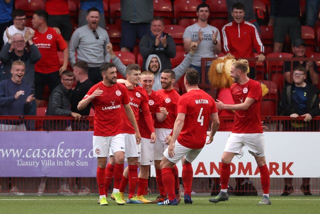 Ronan Hale celebrates scoring Larne's first goal of the game against Bala at Inver Park