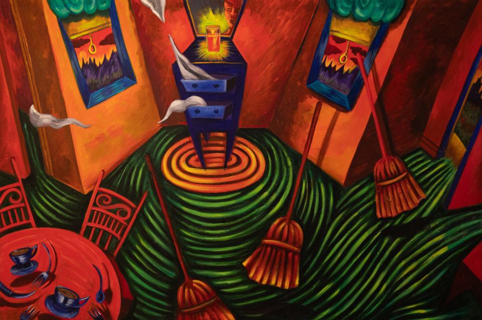 Patssi Valdez's 1993 acrylic painting “Room on the Verge." Valdez's
worked often responded to socioeconomic and political problems surrounding the Chicano community, as well as the Vietnam War.