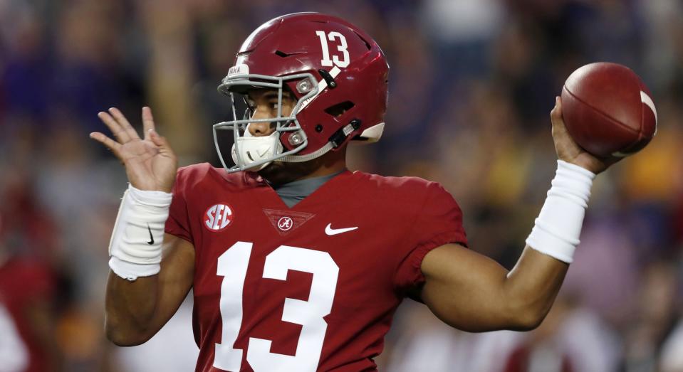 Alabama’s Tua Tagovailoa was a little banged up against Mississippi State but his coach Nick Saban says he’s fine. (Getty)