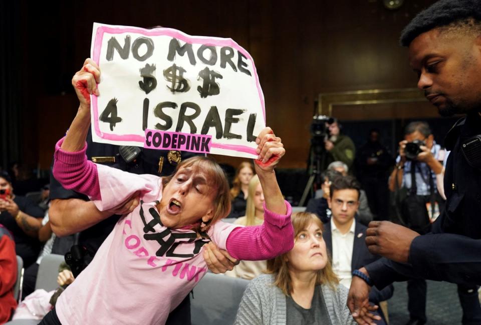 An anti-war protester is removed by police during a Senate Appropriations Committee hearing on President Biden's $106 billion national security supplemental funding request to support Israel and Ukraine (REUTERS)