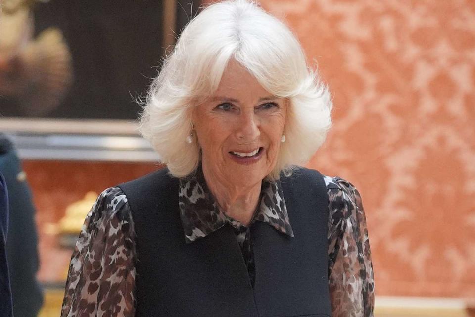 <p>Yui Mok-WPA Pool/Getty</p> Queen Camilla arrives for a discussion with the SafeLives charity at Buckingham Palace on April 16, 2024