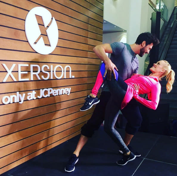 Maksim Chmerkovskiy, with his fiancée and Dancing With the Stars co-star, Peta Mergatroyd: “Had a great time today @JCPenney Manhattan Mall teaching shoppers fun Latin dance moves in the stylish Xersion activewear line. #NewYearNewMe” -@maksimc
