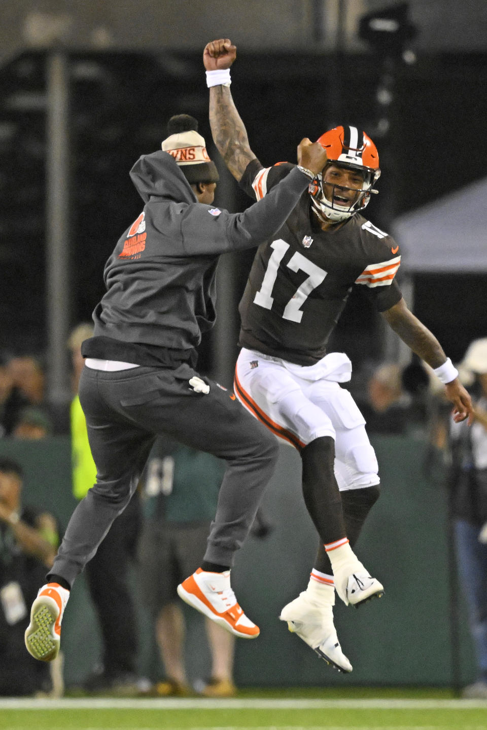 Cleveland Browns quarterback Dorian Thompson-Robinson (17) celebrates his touchdown pass to receiver Austin Watkins Jr. with quarterback Deshaun Watson during the second half against the New York Jets in the Hall of Fame NFL football preseason game Thursday, Aug. 3, 2023, in Canton, Ohio. (AP Photo/David Richard)