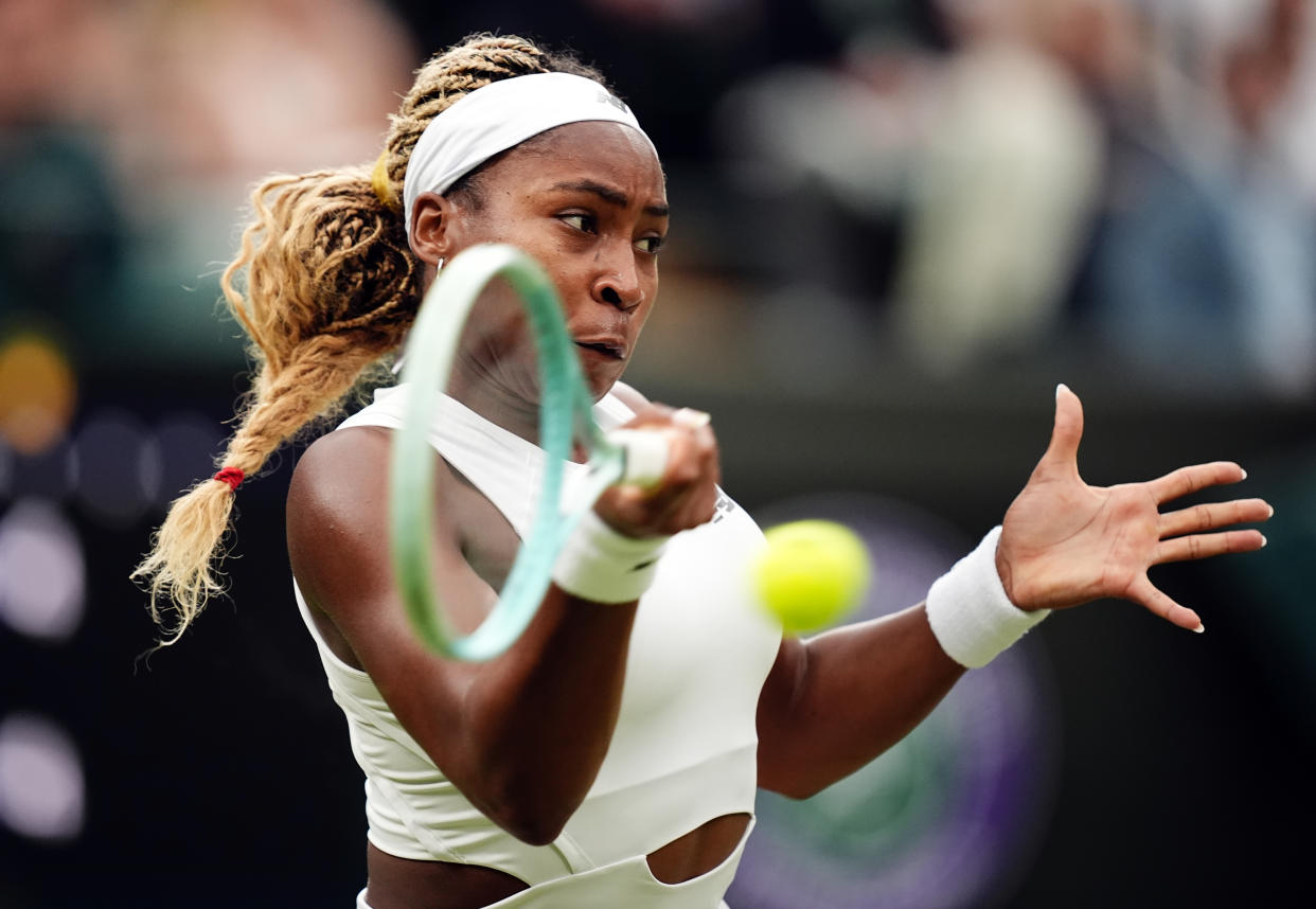 Coco Gauff in action against Sonay Kartal (not pictured) on day five of the 2024 Wimbledon Championships at the All England Lawn Tennis and Croquet Club, London. Picture date: Friday July 5, 2024. (Photo by Aaron Chown/PA Images via Getty Images)