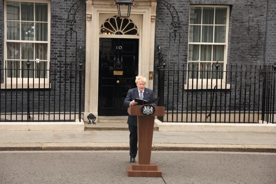 British PM Johnson speaks at Downing Street (REUTERS)
