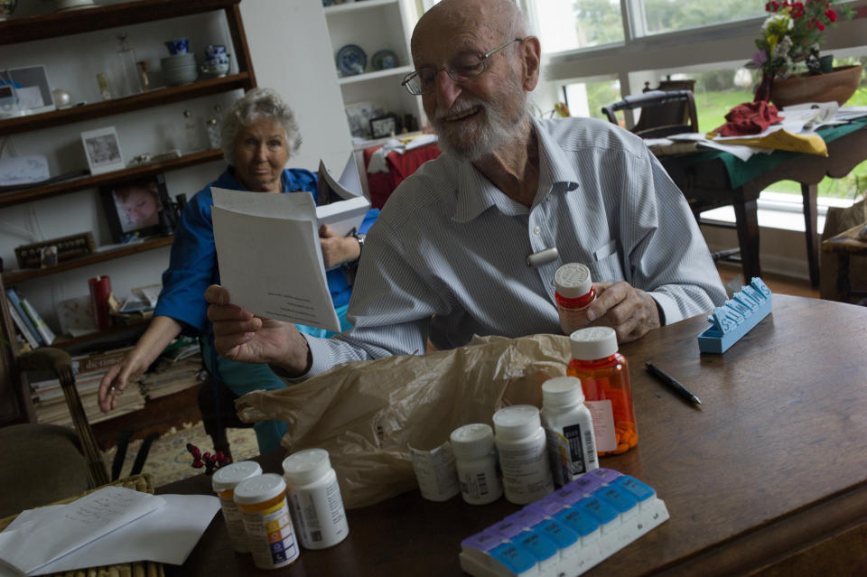 SARASOTA, FLORIDA - JANUARY 04: Charles Miller, 90, prepares the daily pills his wife will need for the week on January 4, 2020 in Sarasota, Florida. His wife has had a recent stroke and a heart attack, and needs approximately ten different medicines daily which need to be carefully monitored. (Photo by Andrew Lichtenstein/Corbis via Getty Images)