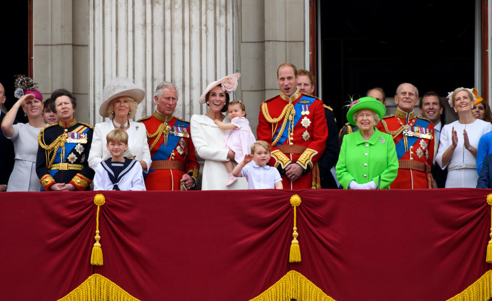 royal family Zara Tindall, Anne, Princess Royal, Camilla, Duchess of Cornwall, Charles, Prince of Wales, Catherine, Duchess of Cambridge, Princess Charlotte of Cambridge, Prince George of Cambridge, Prince William, Duke of Cambridge, Prince Harry, Queen Elizabeth II  Prince Philip, Duke of Edinburgh and Sophie, Countess of Wessex watch a fly past during the Trooping the Colour