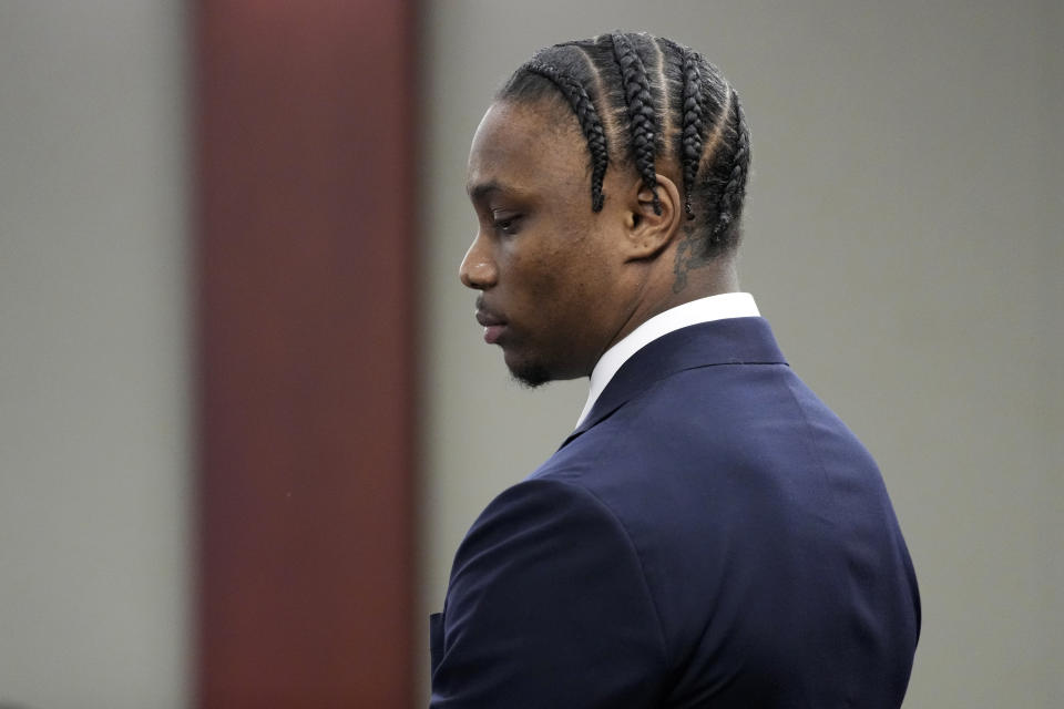 Former Las Vegas Raiders player Henry Ruggs appears in court Wednesday, May 10, 2023, in Las Vegas. Ruggs plead guilty to driving his car drunk before causing a fiery crash that killed a woman. (AP Photo/John Locher)