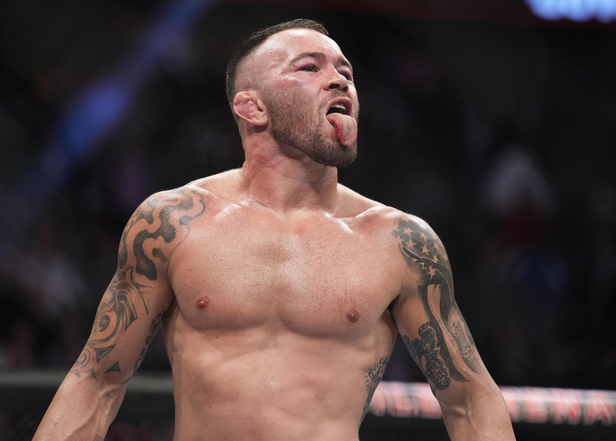 LAS VEGAS, NEVADA - MARCH 05: Colby Covington reacts after the conclusion of his welterweight fight against Jorge Masvidal during the UFC 272 event on March 05, 2022 in Las Vegas, Nevada. (Photo by Chris Unger/Zuffa LLC)