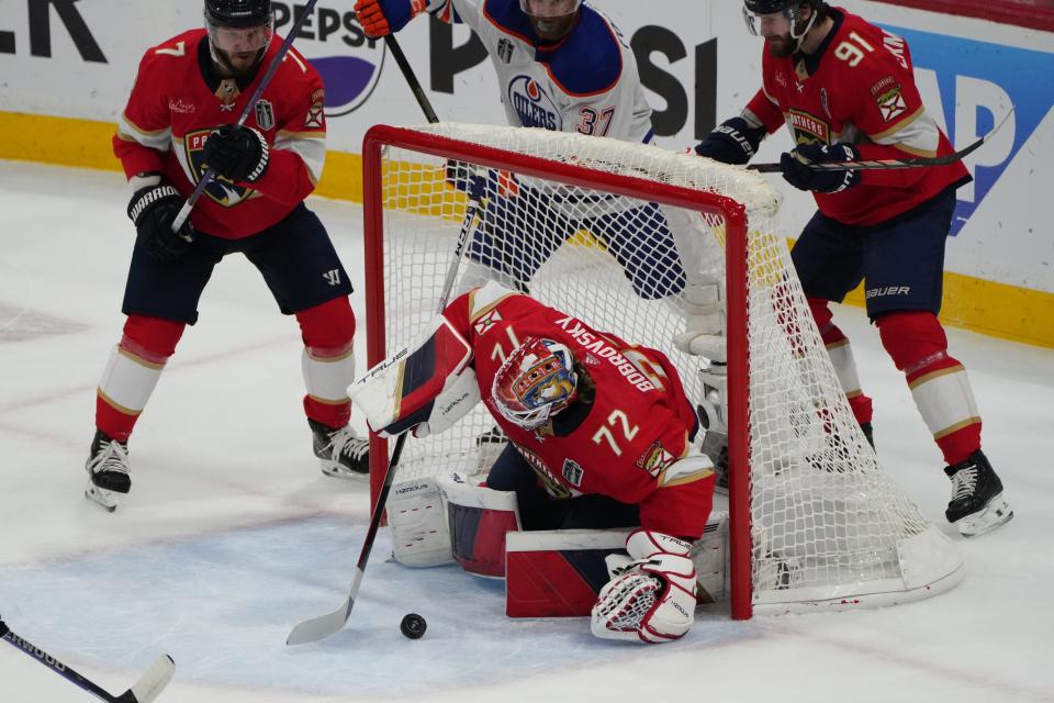 Jun 24, 2024; Sunrise, Florida, USA; Florida Panthers goaltender Sergei Bobrovsky (72) blocks a shot on net by the Edmonton Oilers during the first period in game seven of the 2024 Stanley Cup Final at Amerant Bank Arena. Mandatory Credit: Jim Rassol-USA TODAY Sports