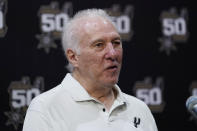 San Antonio Spurs head coach Gregg Popovich talks to the media during the team's NBA basketball Media Day, Monday, Sept. 26, 2022, in San Antonio. (AP Photo/Eric Gay)