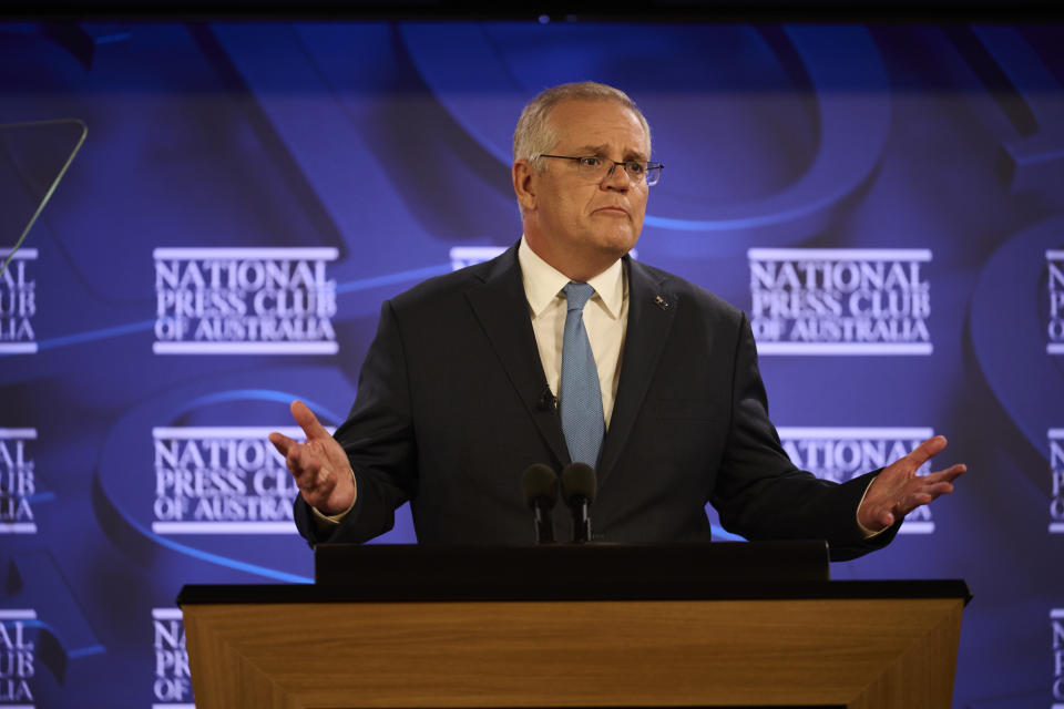 Prime Minister Scott Morrison speaks about his management of the pandemic at the National Press Club