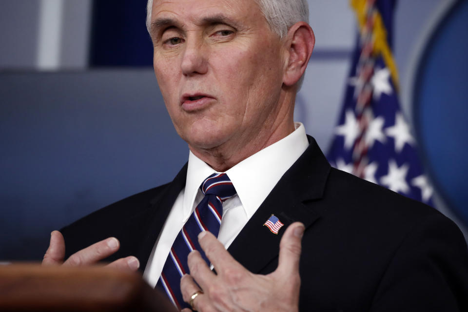 Vice President Mike Pence speaks about the coronavirus in the James Brady Press Briefing Room of the White House, Wednesday, April 8, 2020, in Washington. (AP Photo/Alex Brandon)