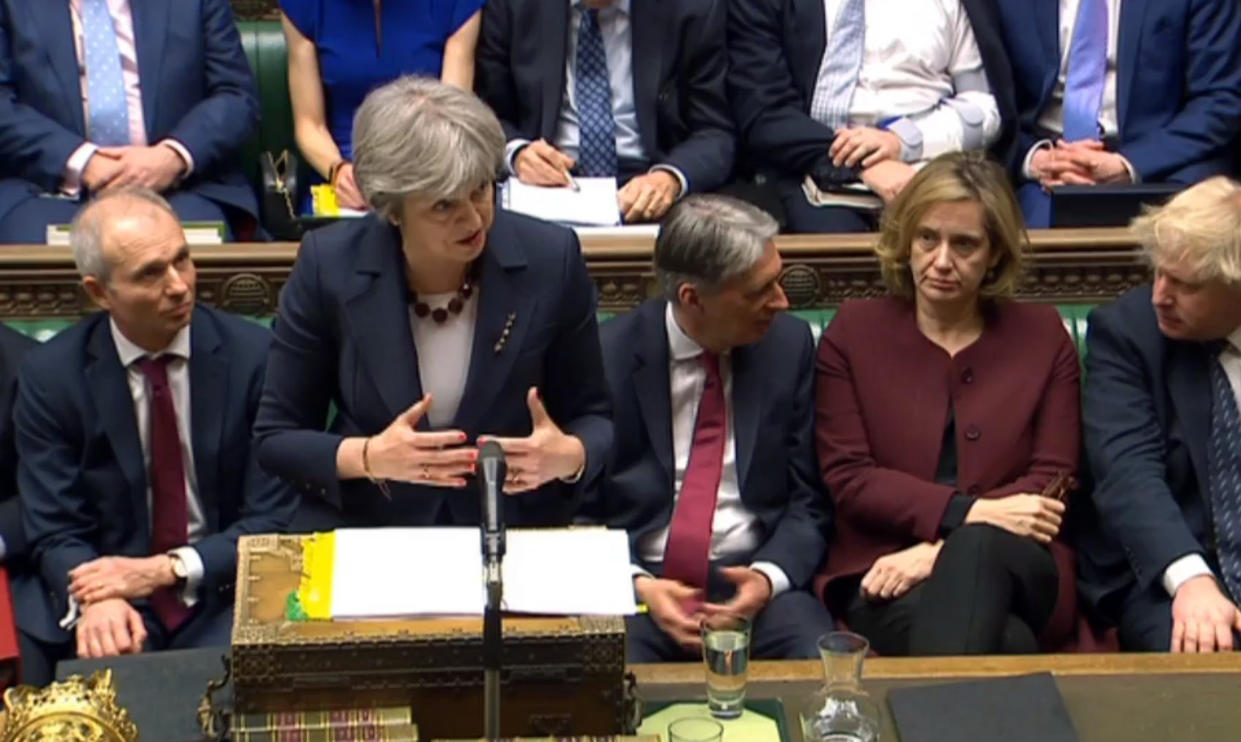 Theresa May speaks during Prime Minister’s Questions in the House of Commons. (PA via AP)