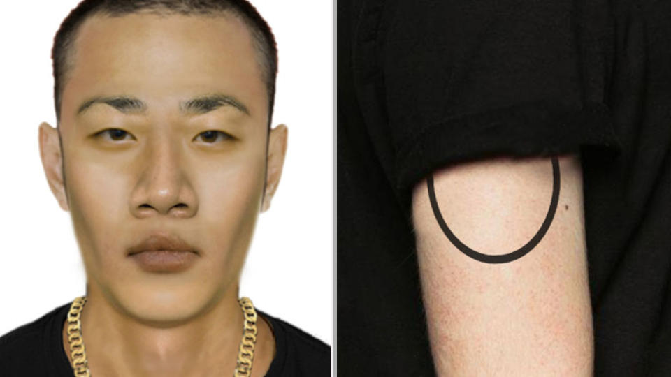 The man who could help police with inquiries (left) after a little girl was approached at Hurstbridge in Victoria and offered a lolly. The offender's tattoo as described by the victim are pictured on the right. Source: Victoria Police