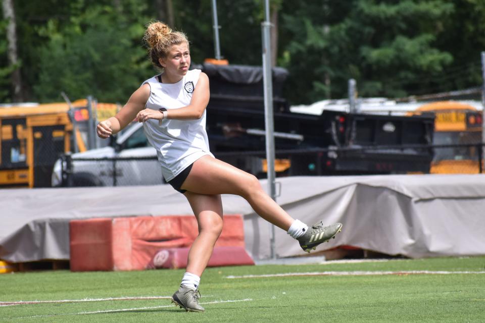 Stroudsburg soccer player Johanna Heitczman watches a ball soar through the air after kicking it during a practice in Stroudsburg on Monday, August 23, 2021. Heitczman is a top player in Monroe County.