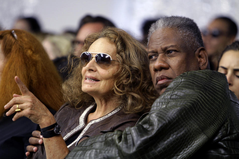 FILE - Fashion designer Diane Van Furstenburg, left, and Vogue editor at large André Leon Talley attend a fashion show on Sept. 14, 2010, in New York. Talley, the towering former creative director and editor at large of Vogue magazine, has died. He was 73. Talley's literary agent confirmed Talley's death to USA Today late Tuesday, Jan. 18, 2022. (AP Photo/David Goldman, File)
