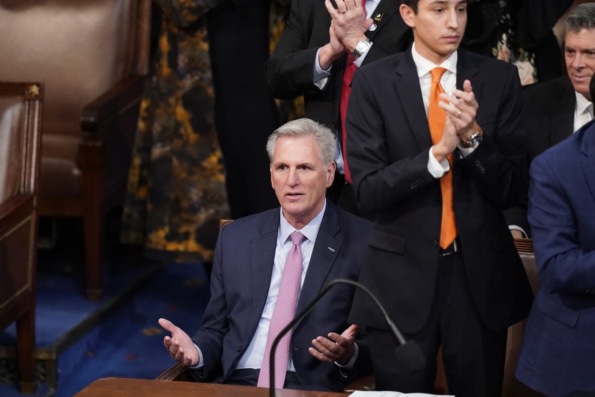 Rep. Kevin McCarthy, R-Calif., reacts after Rep. Matt Gaetz, R-Fla., voted “present” in the House chamber as the House meets for the fourth day to elect a speaker and convene the 118th Congress in Washington, Friday, Jan. 6, 2023. (AP Photo/Alex Brandon)