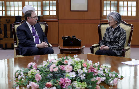 South Korean Foreign Minister Kang Kyung-wha and Timothy Betts, acting Deputy Assistant Secretary and Senior Advisor for Security Negotiations and Agreements in the U.S. Department of State, talk during their meeting at Foreign Ministry in Seoul, South Korea, February 10, 2019. Lee Jin-man/Pool via REUTERS