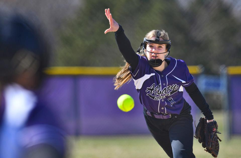 Albany's Hallie Hoffarth throws a pitch during the game Tuesday, May 3, 2022, at Albany High School. 