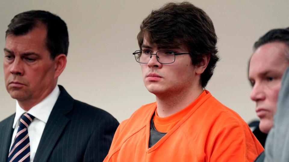 PHOTO: Payton Gendron, center, listens as he is sentenced to life in prison without parole for domestic terrorism motivated by hate and each of the 10 counts of first-degree murder, in an Erie County court room, in Buffalo, N.Y., Feb 15, 2023.  (Derek Gee/The Buffalo News via AP, Pool, FILE)