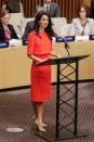 <p>Amal wore a simple orange dress paired with tan heels while speaking at the <em>Press Behind Bars: Undermining Justice and Democrac</em>y event at the United Nations in New York.</p>