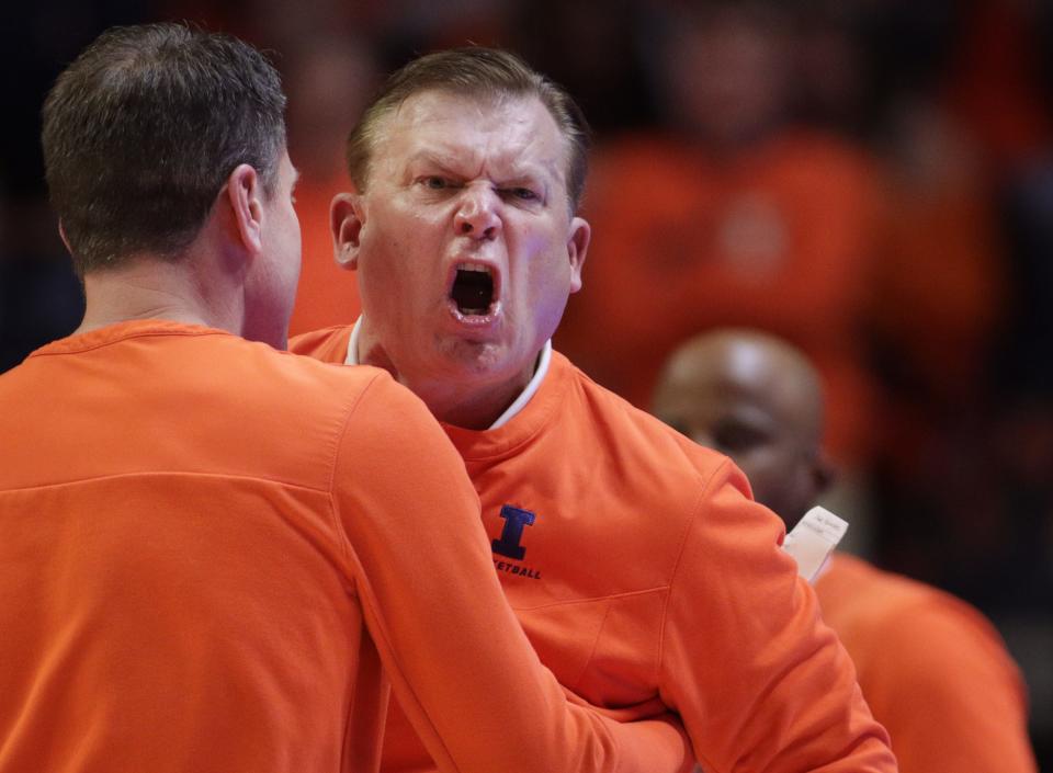 Illinois basketball coach Brad Underwood screams at officials during his team's game against Ohio State.