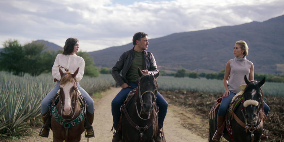 En esta imagen proporcionada por Netflix Irene Azuela, de izquierda a derecha, Alejandro de la Madrid y Fernanda Castillo en una escena de "Monarca". La segunda temporada de Monarca se estrena el 1 de enero de 2021. (Netflix via AP)