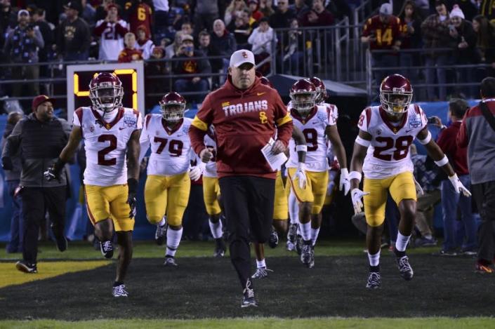 FILE - In this Friday, Dec. 27, 2019, file photo, Southern California head coach Clay Helton, center, leads his players onto the field before the Holiday Bowl NCAA college football game against Iowa, in San Diego. Helton is 40-22 in four full seasons as USC coach. (AP Photo/Orlando Ramirez, File)