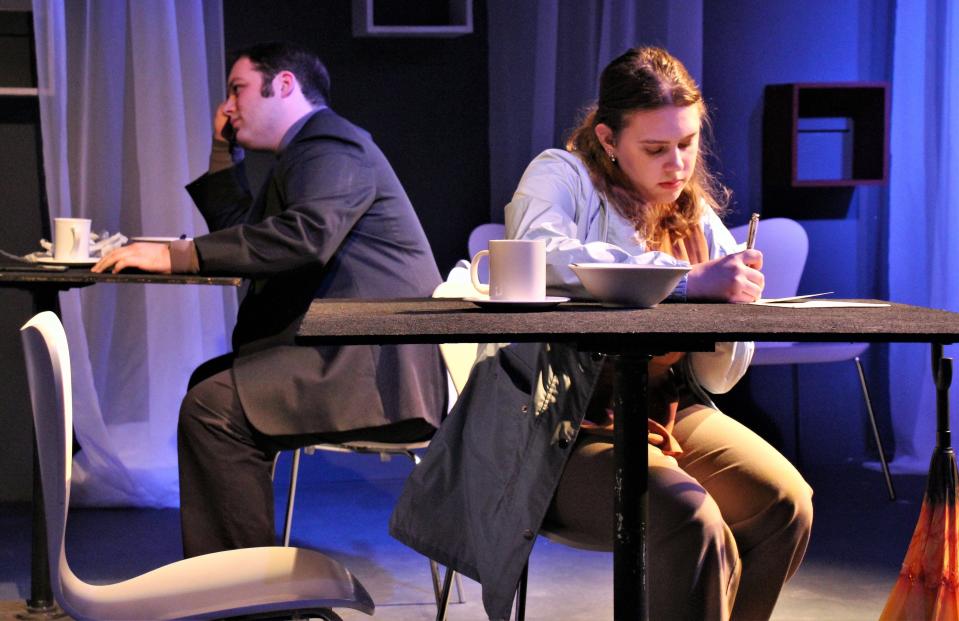 Jean (Abbey Pardue) works at a table in a cafe, unaware that the man behind her (Price Payne) is dead. She'll find out soon enough when his cellphone rings and he doesn't answer in "Dead Man's Cell Phone," on stage through Sunday at the basement lab theater in Van Ellis Theater on the Hardin-Simmons University campus.