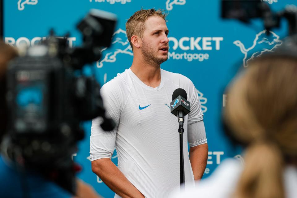 Detroit Lions quarterback Jared Goff answers a question from a media member during the first day of training camp July 27, 2022 in Allen Park.